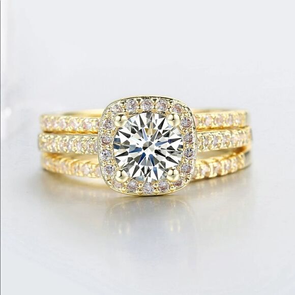 NEW! 18K Yellow Gold Plated Inlaid Diamond Half Circle Stacking Eternity Band - Picture 6 of 11